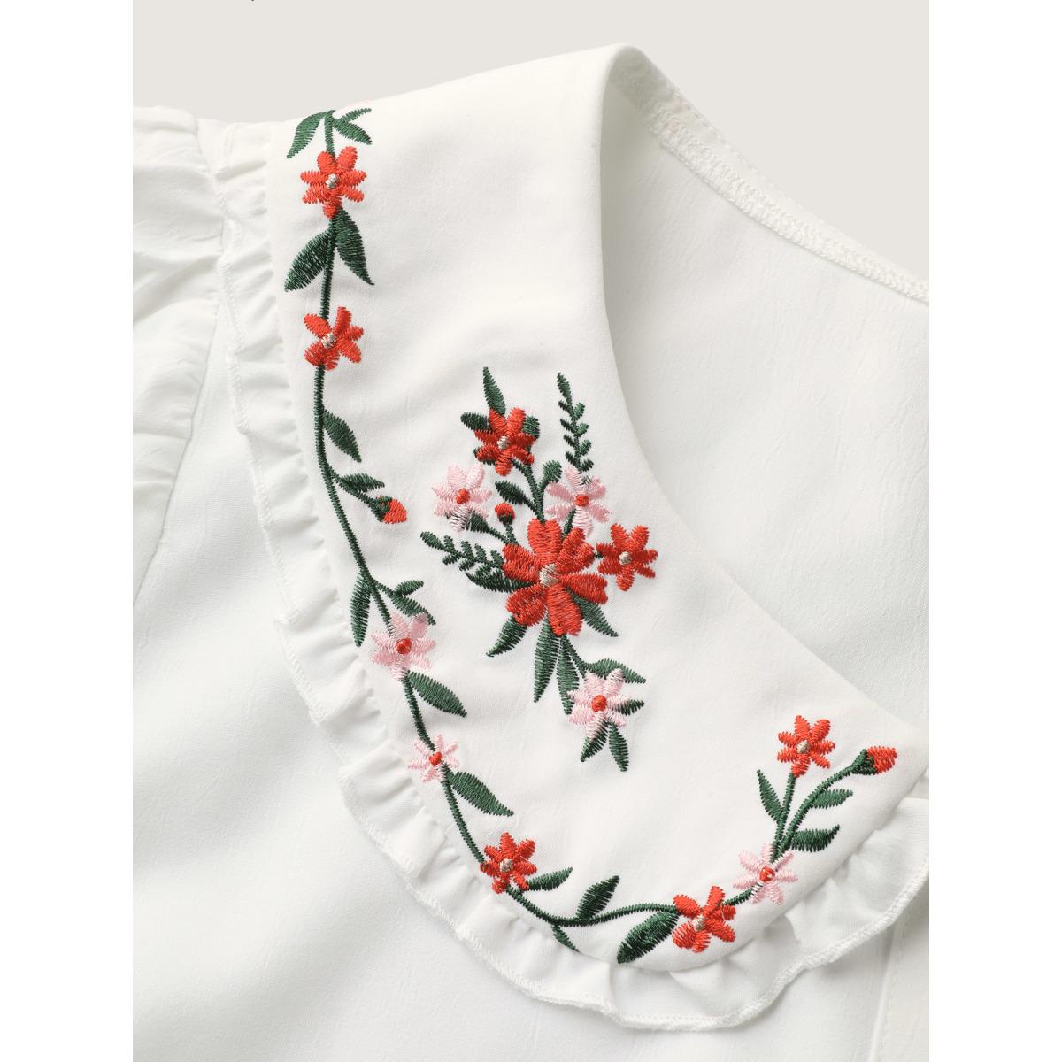 Plus Size Originalwhite Floral Embroidered Doll Collar Blouse Women Elbow-length sleeve Peter Pan collar Everyday-Elegant Blouses BloomChic 12/L Product Image