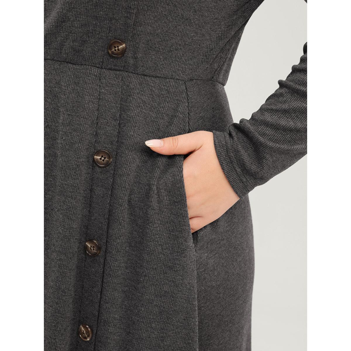 Plus Size Solid Round Neck Pocket Button Detail Ruffle Hem Dress Gray Women Elegant Button Round Neck Long Sleeve Curvy Midi Dress BloomChic 12/L Product Image