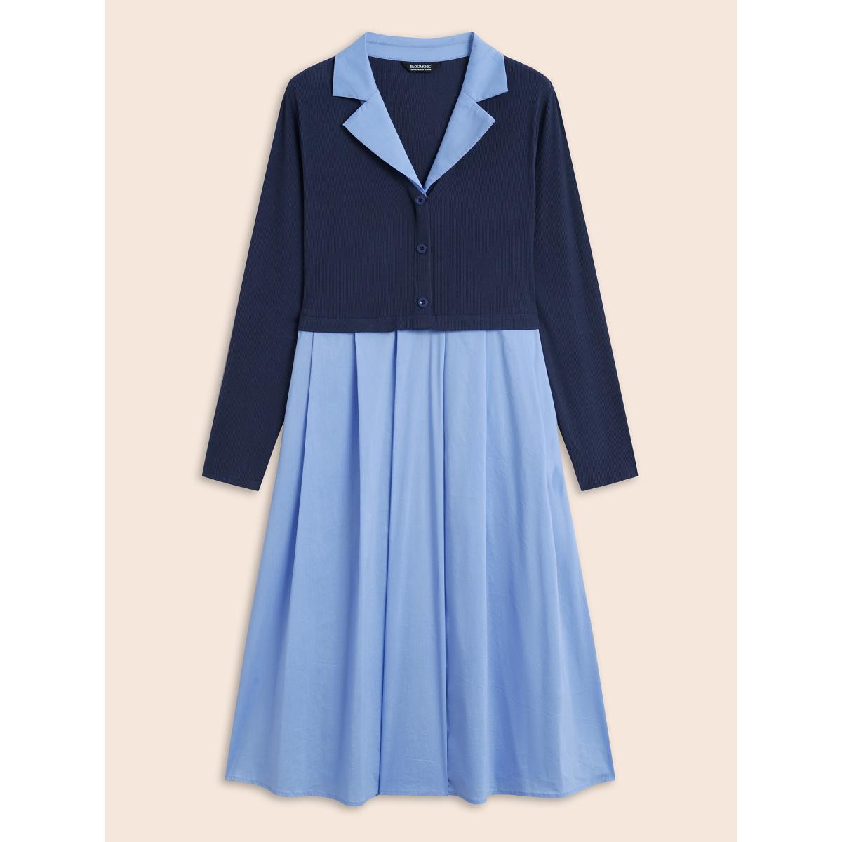 Plus Size 2-In-1 Contrast Patchwork Pleated Dress Indigo Women Elegant Texture Suit Collar Long Sleeve Curvy BloomChic 18-20/2X Product Image