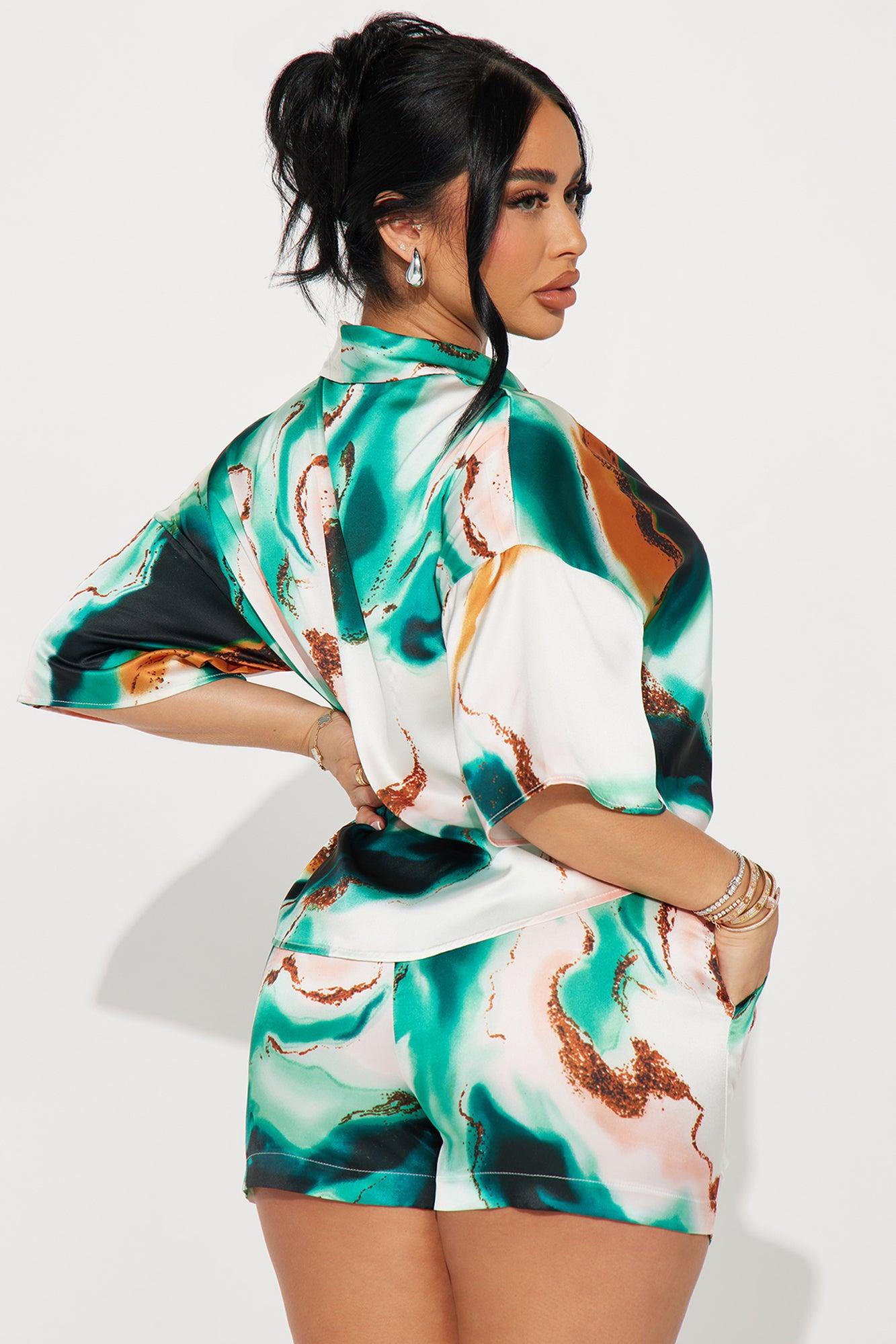 Janice Satin Short Set - Green/combo Product Image