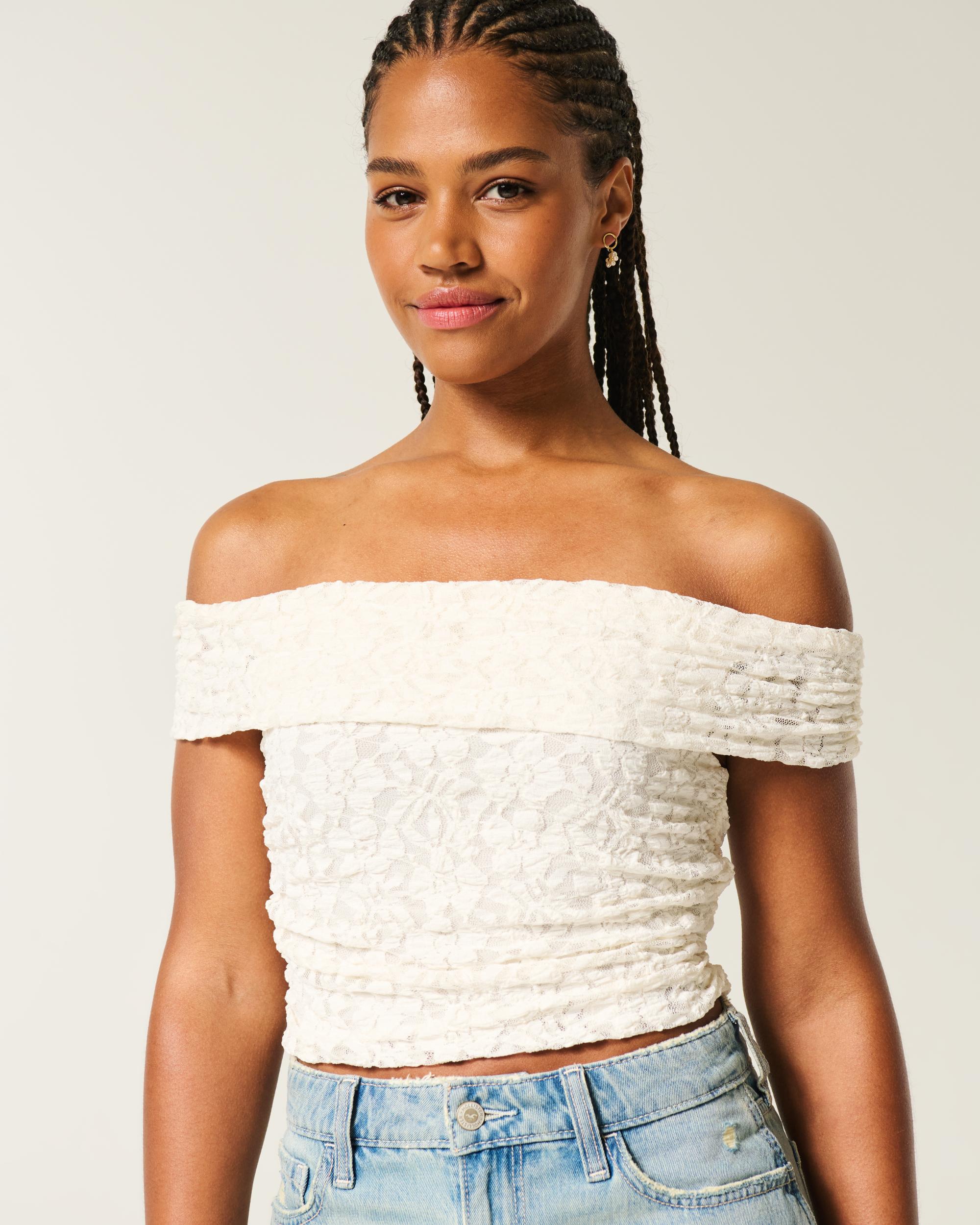 Mesh Foldover Off-the-Shoulder Top Product Image