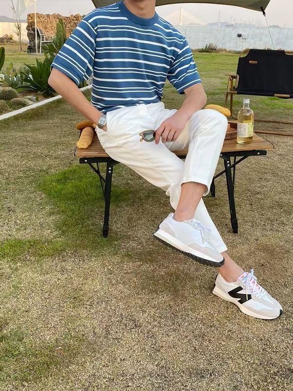 Short-Sleeve Crew Neck Striped Knit Top Product Image