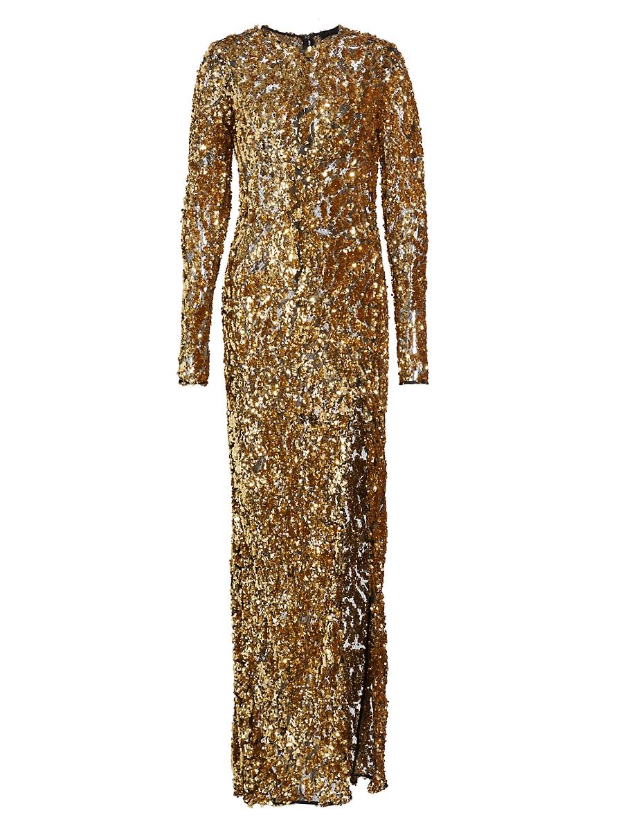 Womens Sequined Metallic Long-Sleeve Gown Product Image
