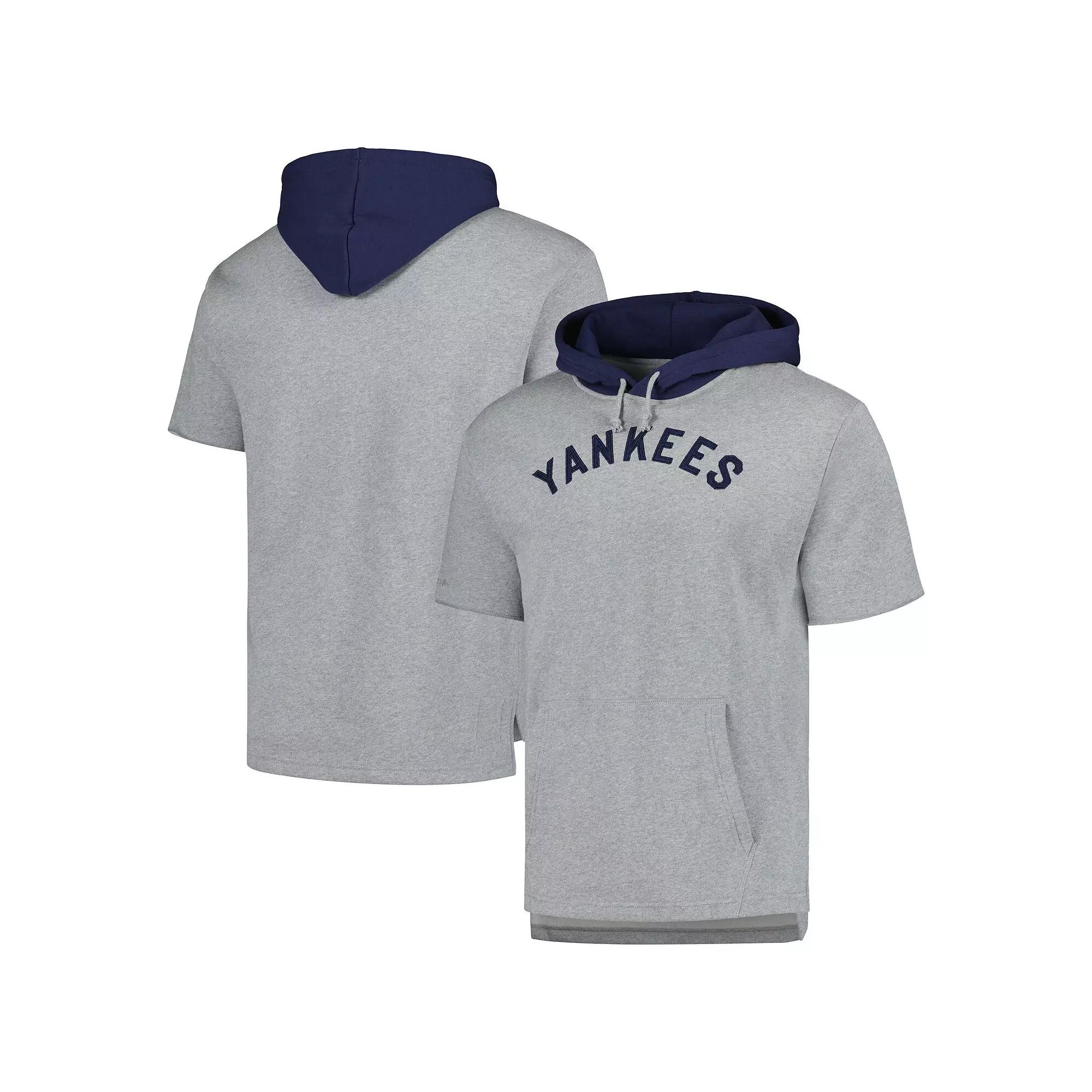 Men's Mitchell & Ness Heather Gray New York Yankees Postgame Short Sleeve Pullover Hoodie, Size: Large, Grey Product Image