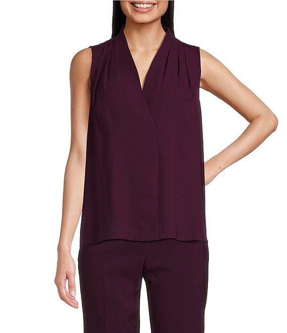 Anne Klein Crepe Sleeveless Pleated Shoulder V-Neck Blouse Product Image