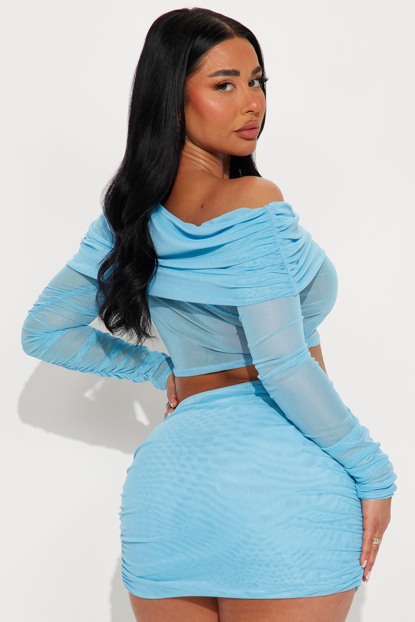 Shilo Off Shoulder Mesh Mini Skirt Set - Light Blue Product Image