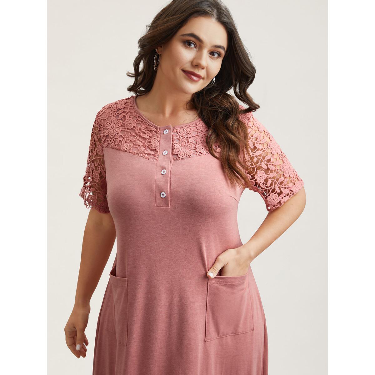 Plus Size Sheer Lace Placket Pockets Midi Dress DustyPink Women Casual Woven ribbon&lace trim Knit Dresses Bloomchic 30/6X Product Image