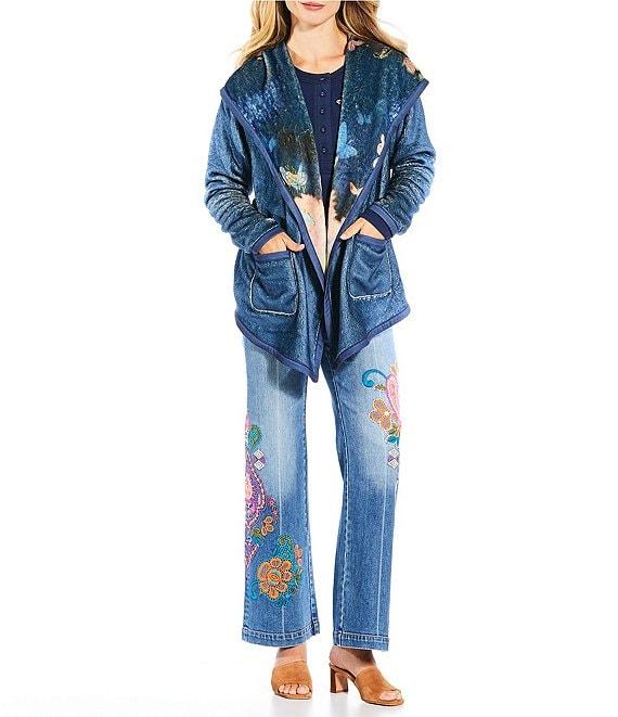 JOHNNY WAS Joan Reversible Print To Solid Sherpa Knit Shawl Collar Long Sleeve Open-Front Hooded Jacket Product Image