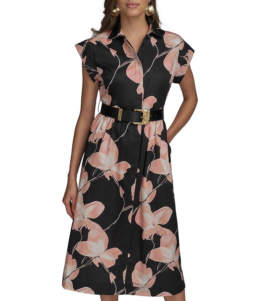 Donna Karan Floral Cap Sleeve Belted Midi Shirt Dress Product Image