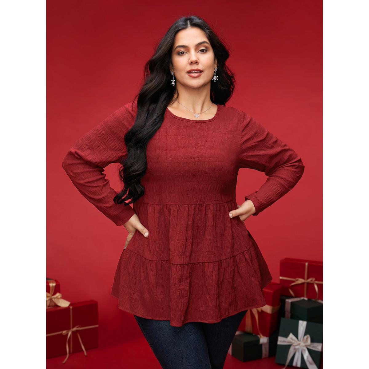 Plus Size Deepred Textured Round Neck Tiered Hem Blouse Women Casual Long Sleeve Round Neck Everyday Blouses BloomChic 18-20/2X Product Image