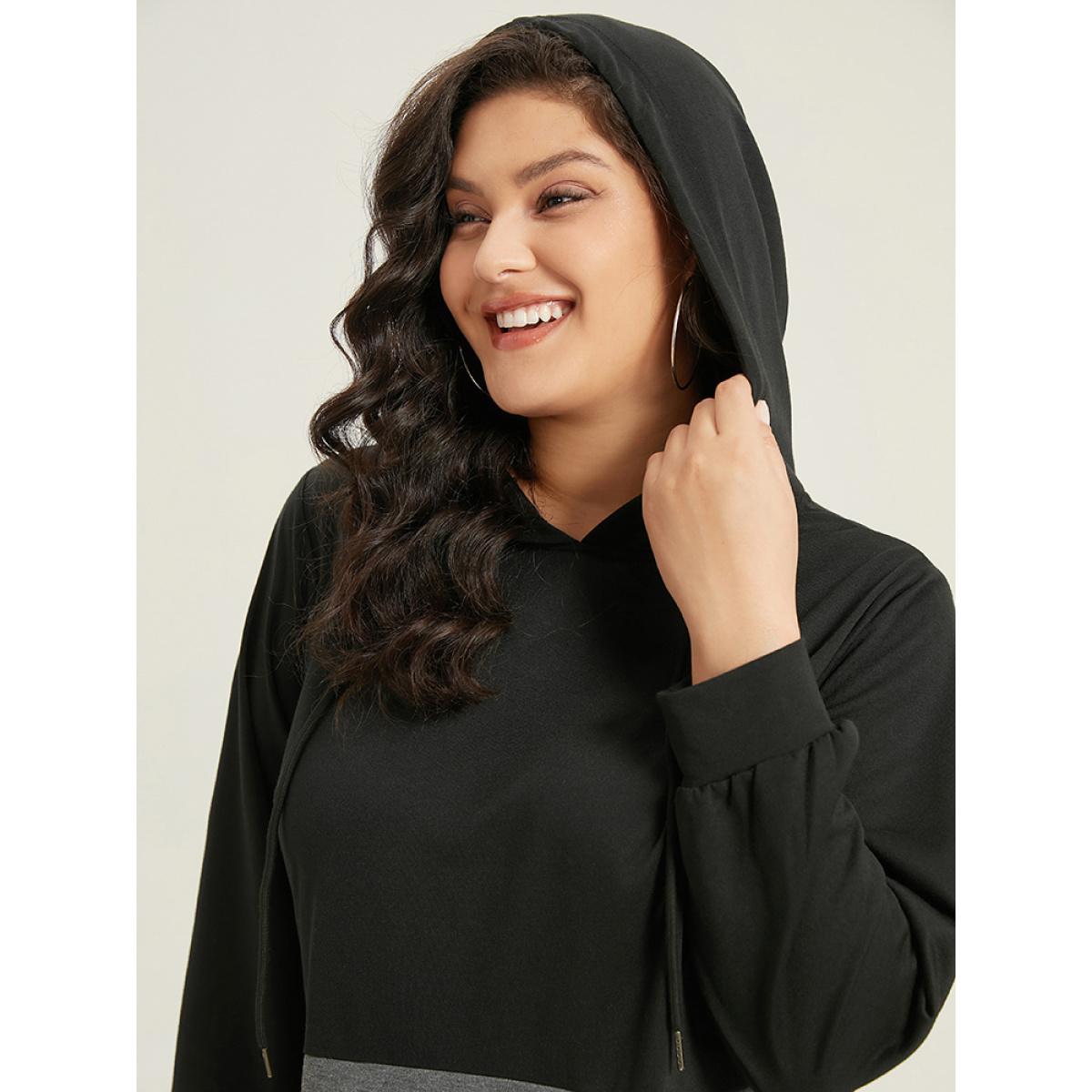 Plus Size Colorblock Contrast Hooded Drawstring Dress Black Women Casual Contrast Hooded Long Sleeve Curvy Midi Dress BloomChic 10/M Product Image
