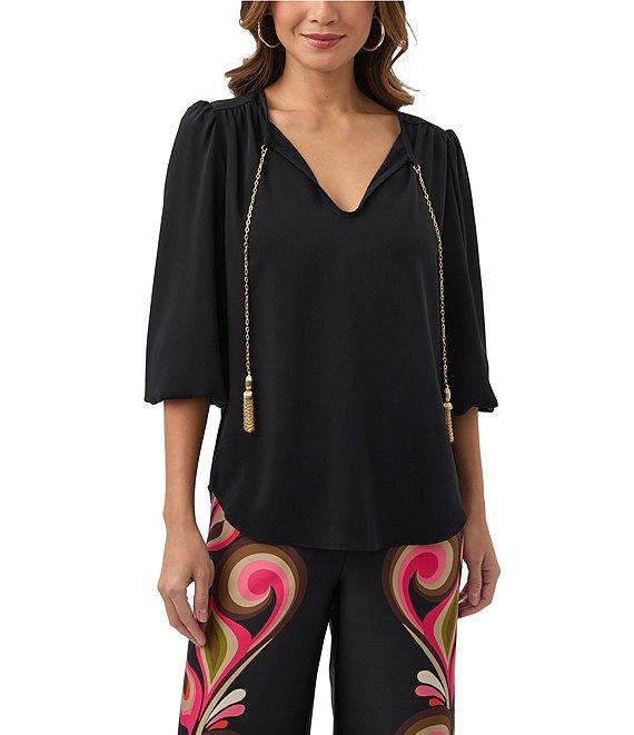 Trina Turk Morabi Georgette V-Neck 3/4 Sleeve Chain Tassel Top Product Image