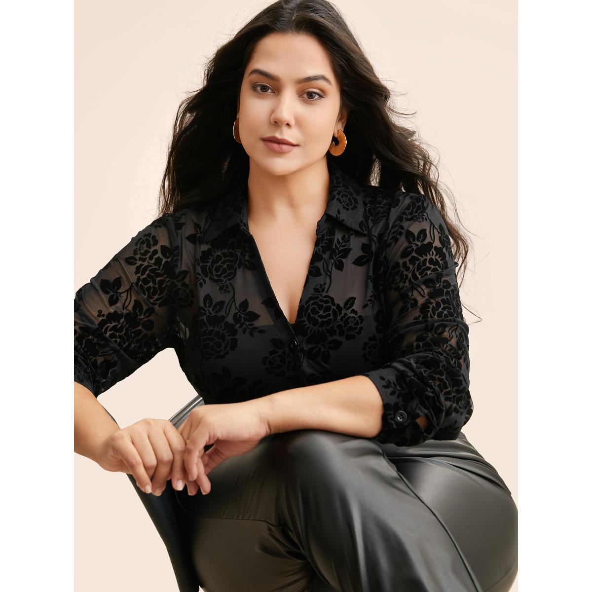 Plus Size Black Shirt Collar Floral Flocking Mesh Blouse Women Elegant Long Sleeve Shirt collar Everyday Blouses BloomChic 26/4X Product Image