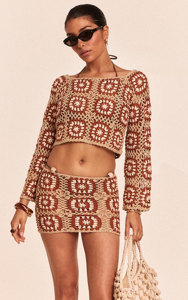 Petite Stone Crochet Knit Long Sleeve Top Product Image