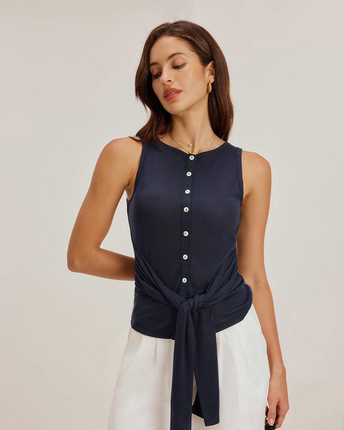 Blue Round Neck Button Tank Top Product Image