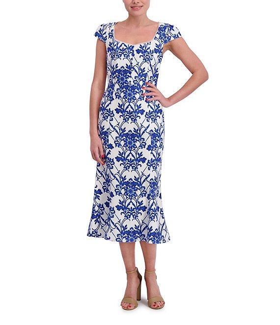 Anne Klein Chiffon Floral Print Square Neck Cap Sleeve Sheath Midi Dress Product Image