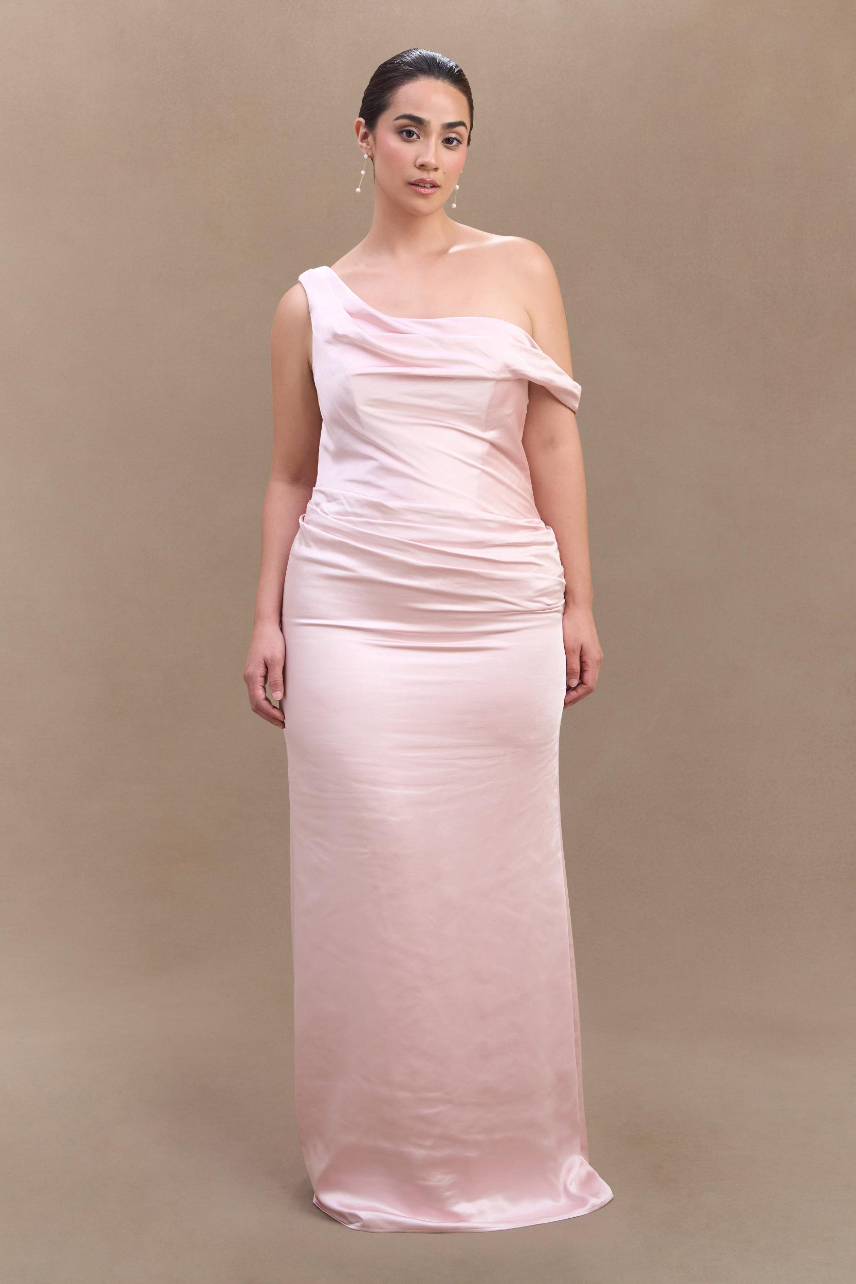 Dalia Off Shoulder Satin Maxi Dress - Soft Pink Product Image