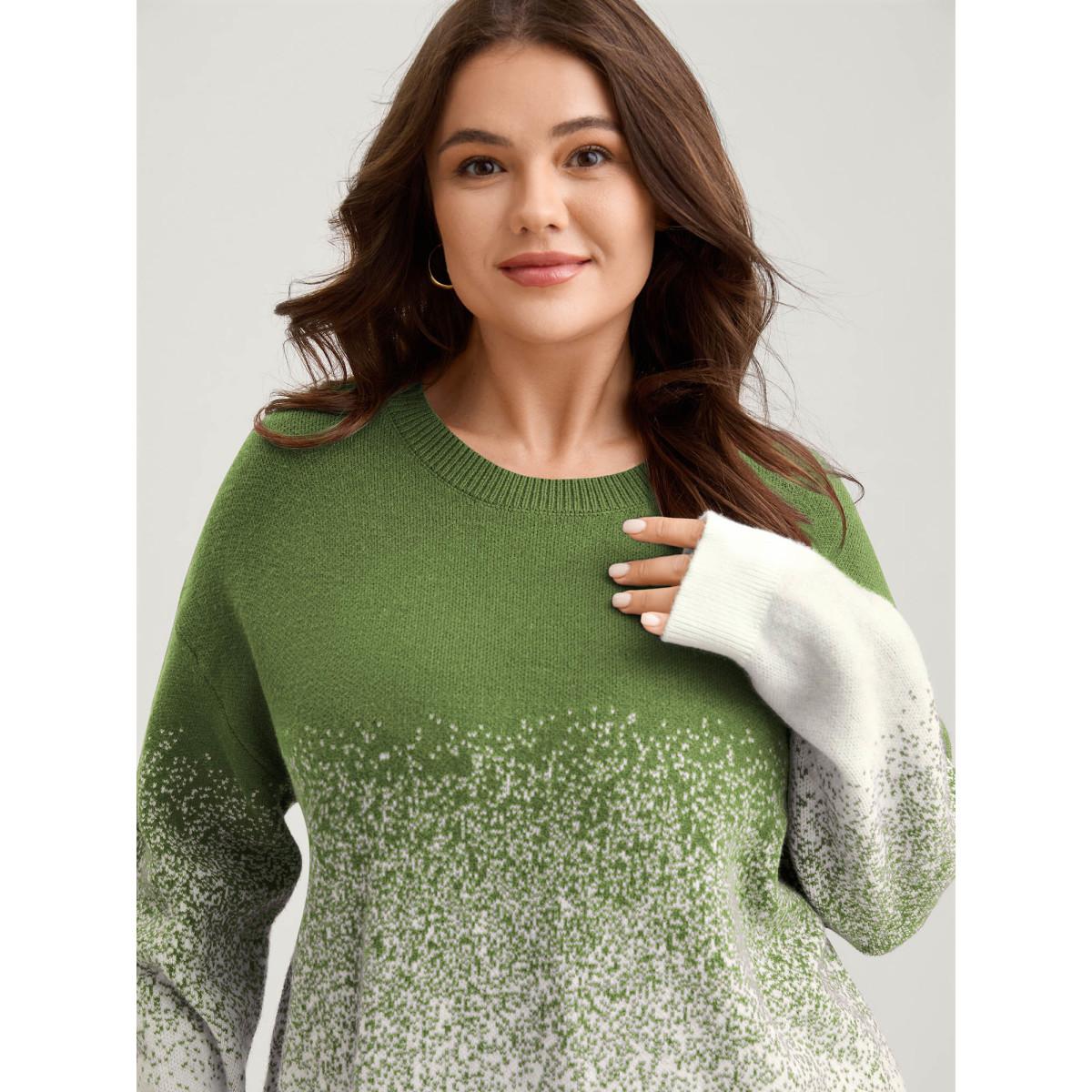 Plus Size Jacquard Color Blend Ribbed Hem Pullover Sage Women Leisure Loose Long Sleeve Round Neck Casual Pullovers BloomChic 12/L Product Image