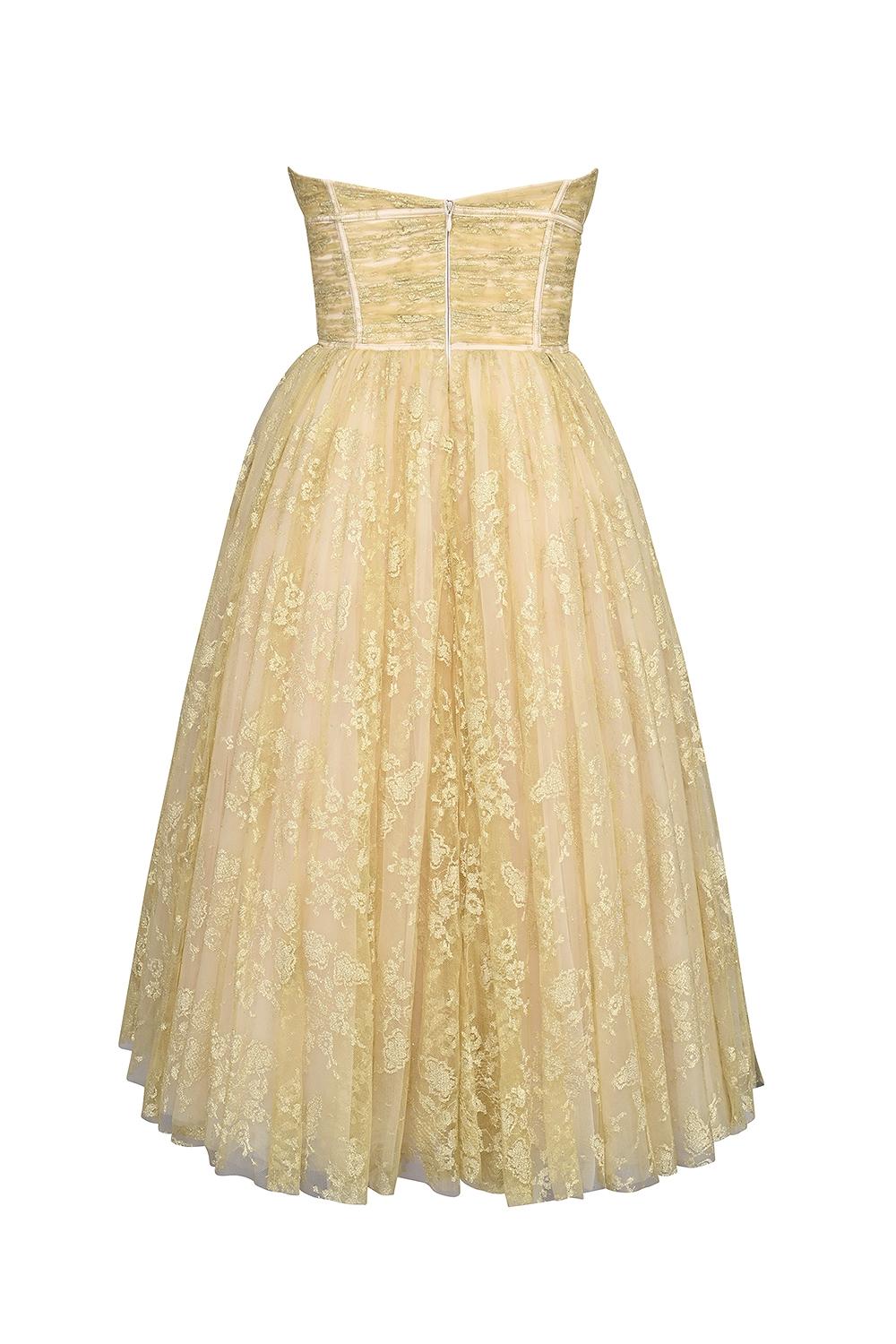 Madame  gold metallic lace tulle midi gown Product Image