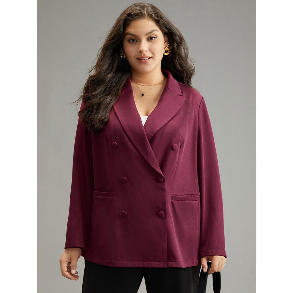 Plus Size Solid Double Breasted Pocket Blazer Burgundy Women Work Plain Plain Sleeve Long Sleeve Suit Collar 26/4X Pocket Office Blazers BloomChic Product Image