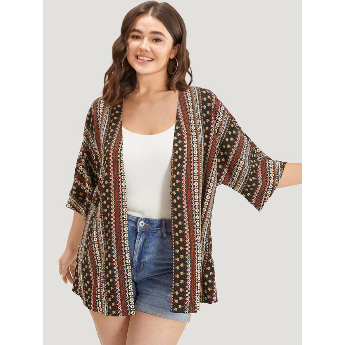 Plus Size Boho Print Open Front Half Sleeve Kimono Women DarkBrown Casual Printed Loose Dailywear Kimonos BloomChic 18-20/2X Product Image