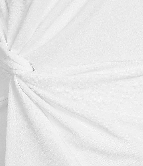 Kensie Stretch Boat Neck Mid Length Bell Sleeve Twist Waist Faux Wrap Skirt Sheath Dress Product Image