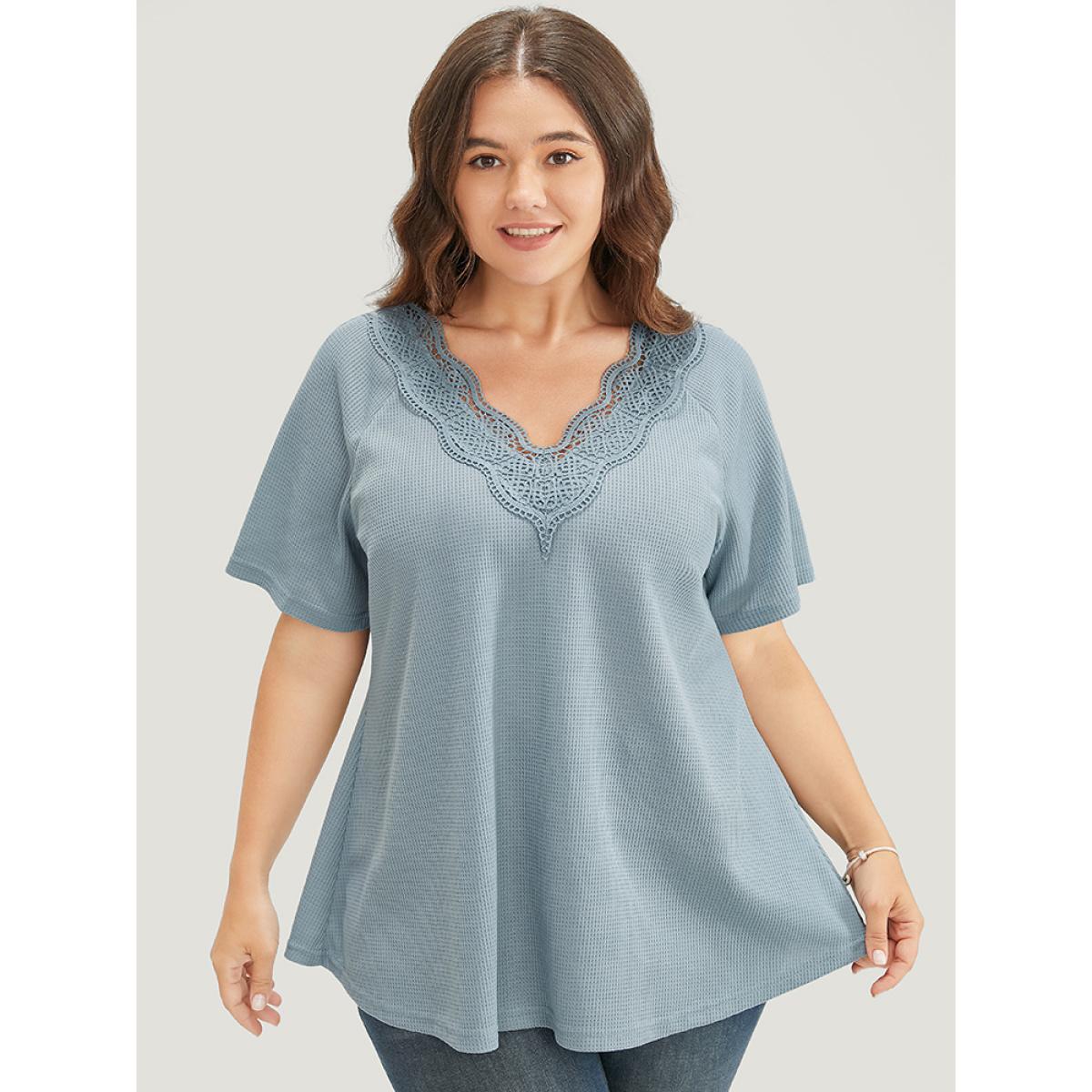 Plus Size Solid Raglan Sleeve Contrast Lace Waffle Knit T-shirt Stone Women Elegant Plain V-neck Dailywear T-shirts BloomChic 18-20/2X Product Image