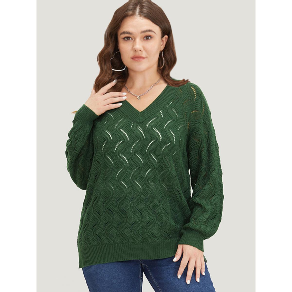 Plus Size Plain Hollow Out V Neck Pullover DarkGreen Women Casual Loose Long Sleeve V-neck Everyday Pullovers BloomChic 26/4X Product Image