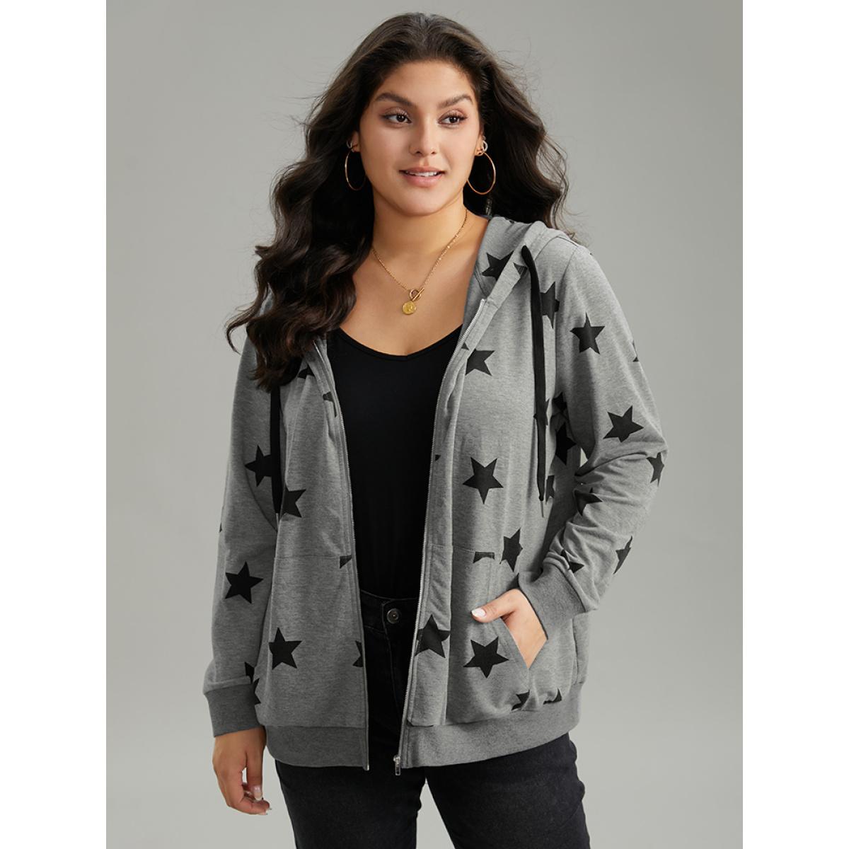 Plus Size Star Print Hooded Ties Pocket Sweatshirt Women Gray Casual Printed Hooded Dailywear Sweatshirts BloomChic 18-20/2X Product Image