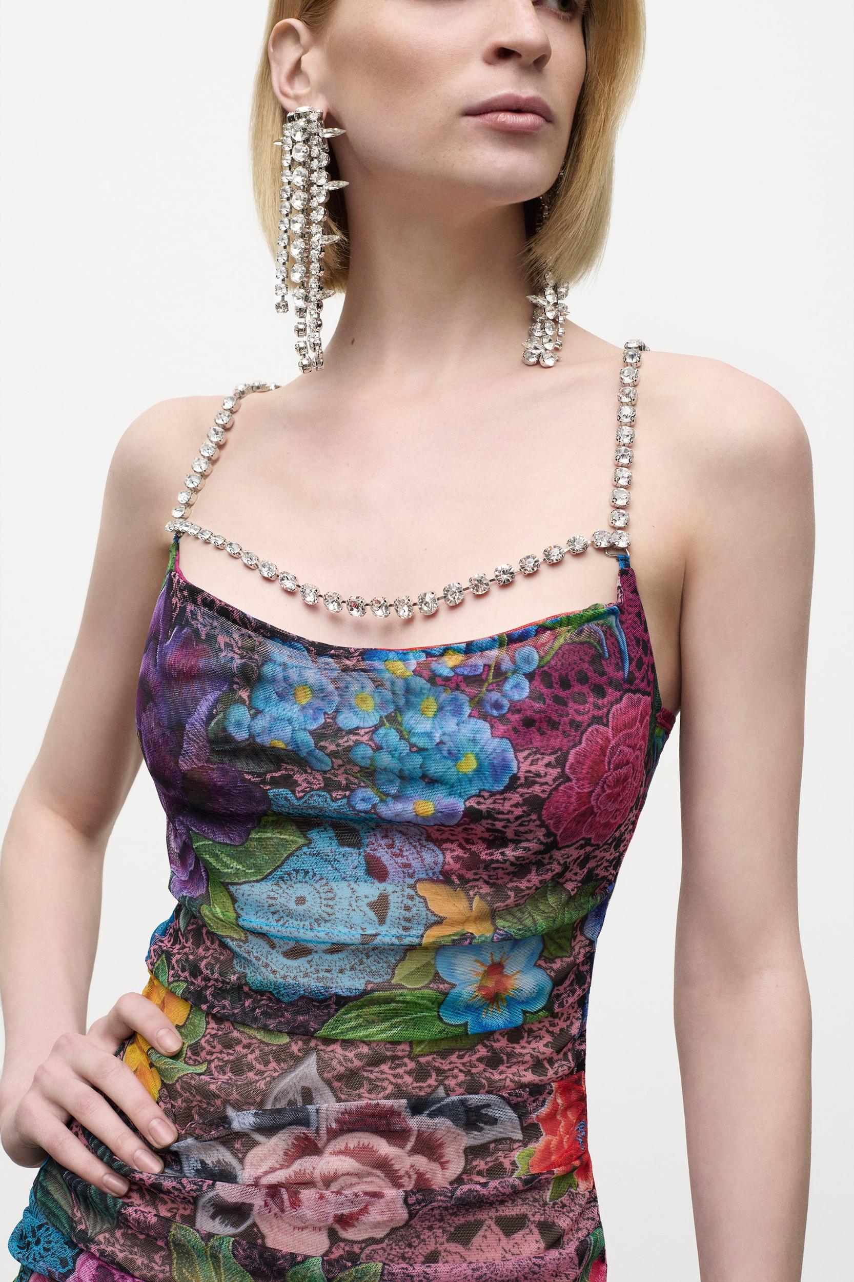 Crystal Embellished Printed Tulle Mini Dress Product Image