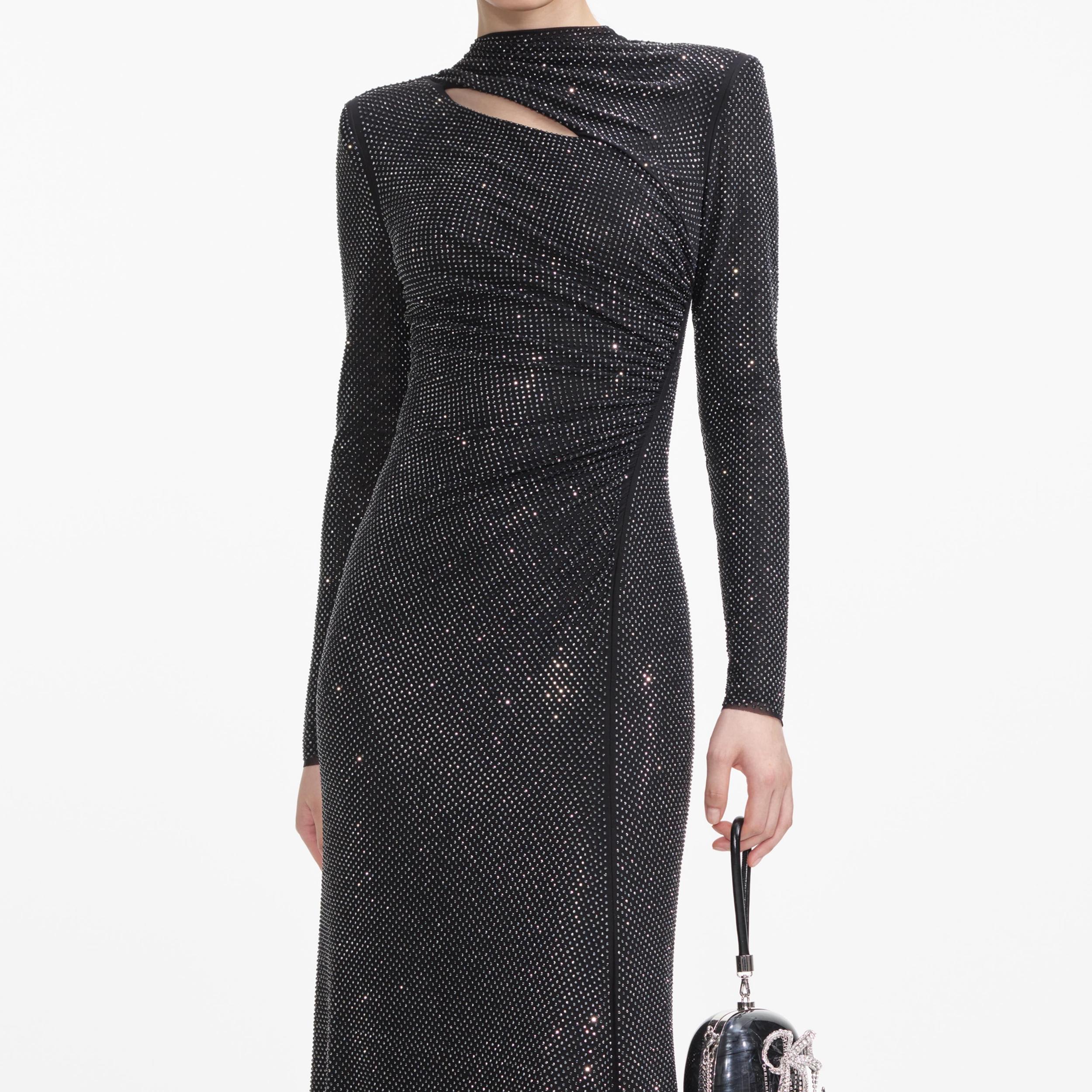 Black Rhinestone Mesh Cut Out Maxi Dress Product Image