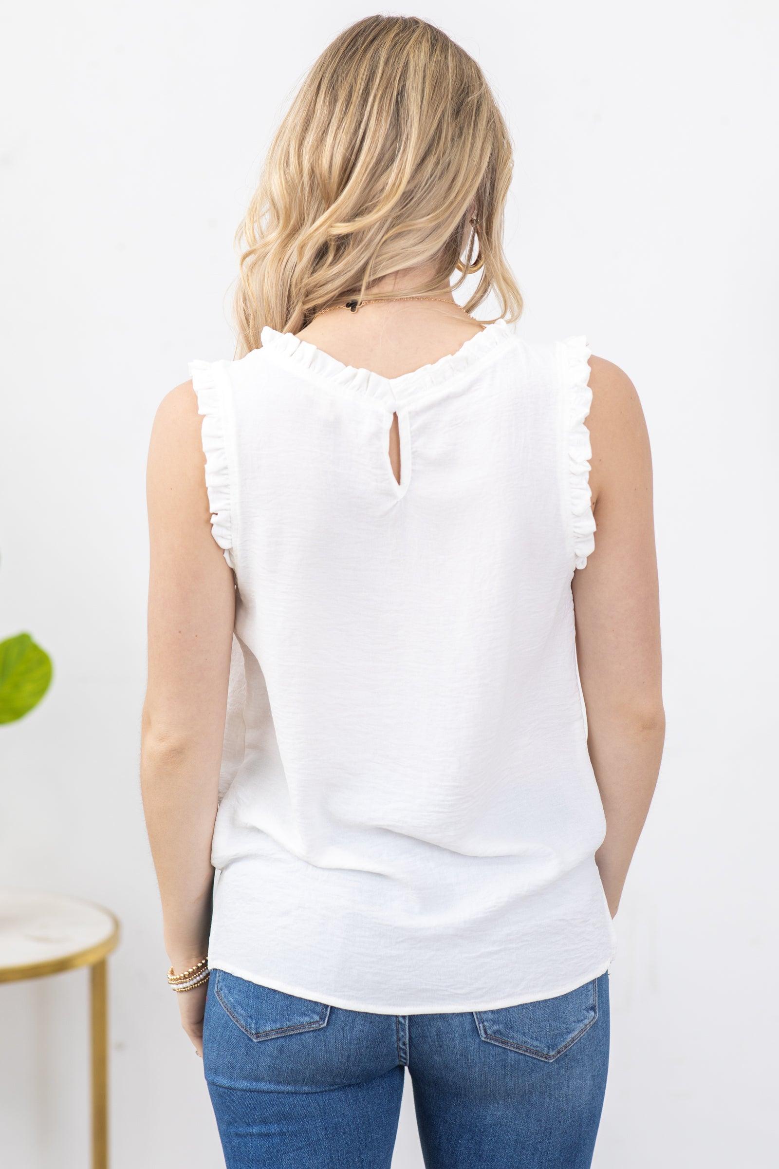Off White Solid Mock Neck With Ruffle Woven Top Product Image