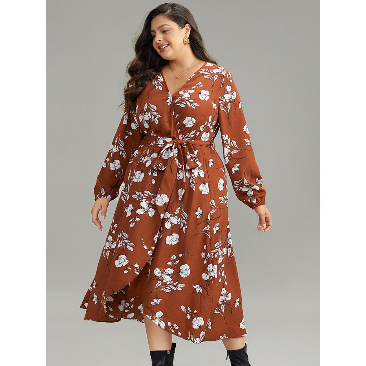 Plus Size Floral Print Wrap Hem Ties Dress Rust Women Elegant Elastic cuffs Overlap Collar Long Sleeve Curvy Midi Dress BloomChic 14-16/1X Product Image