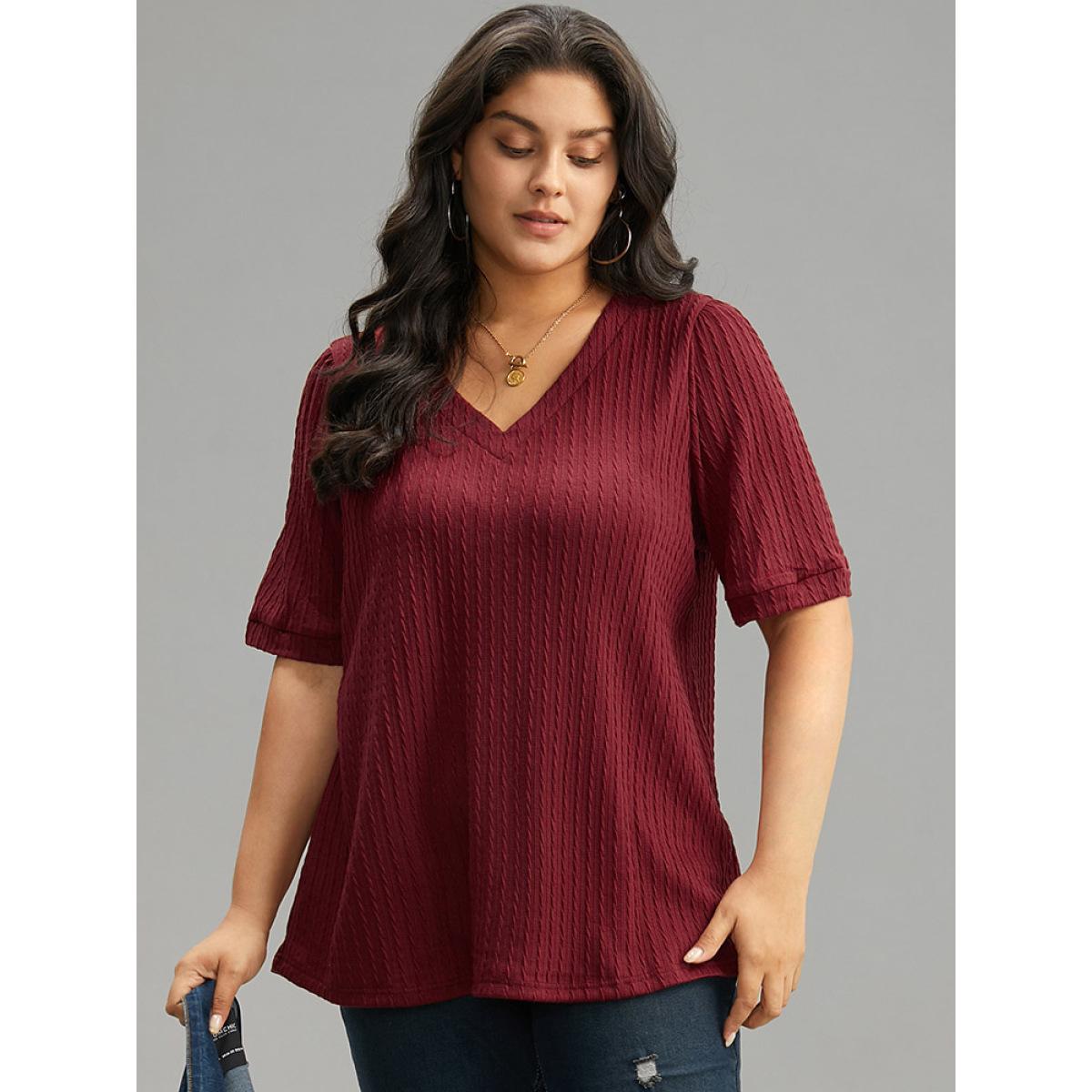Plus Size Plain Texture V Neck Gathered Lantern Sleeve T-shirt Burgundy Women Casual Texture Plain V-neck Dailywear T-shirts BloomChic 22-24/3X Product Image