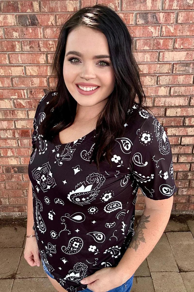 Sterling Kreek Black Bandana Babe V Neck Top Product Image