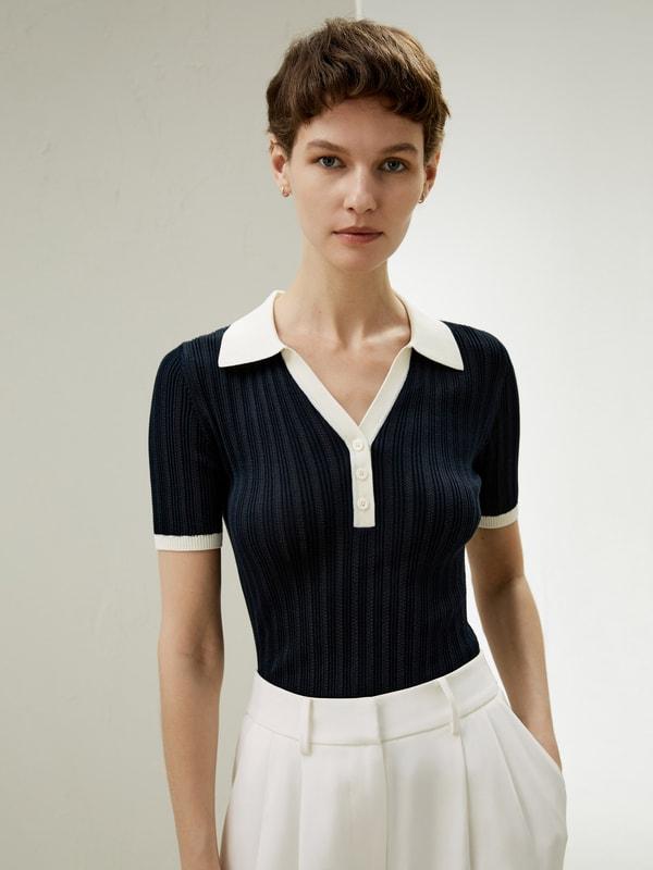 V Neck Ribbed Silk Knit Top Product Image