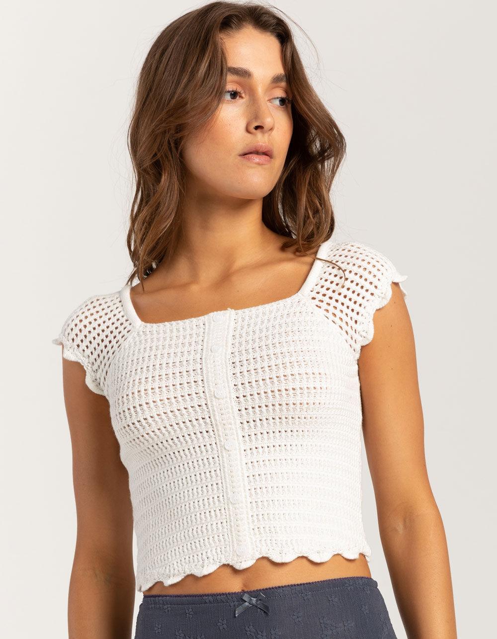 FULL TILT Open Knit Button Front Womens Sweater - WHITE Product Image