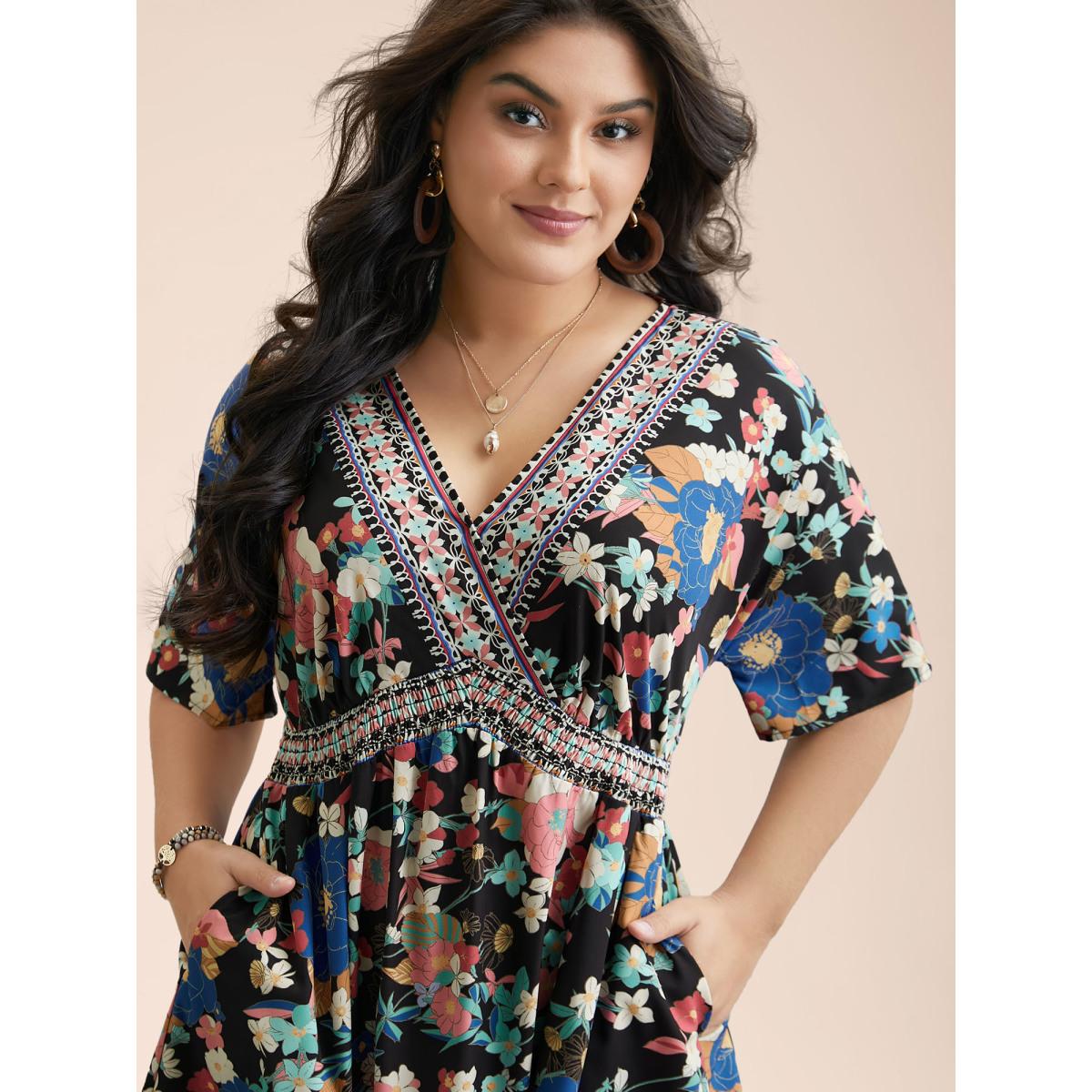 Plus Size Boho Print Shirred V-Neck Flared Midi Dress Black Women Boho Shirred V-neck Elbow-length sleeve Curvy BloomChic 28/5X Product Image