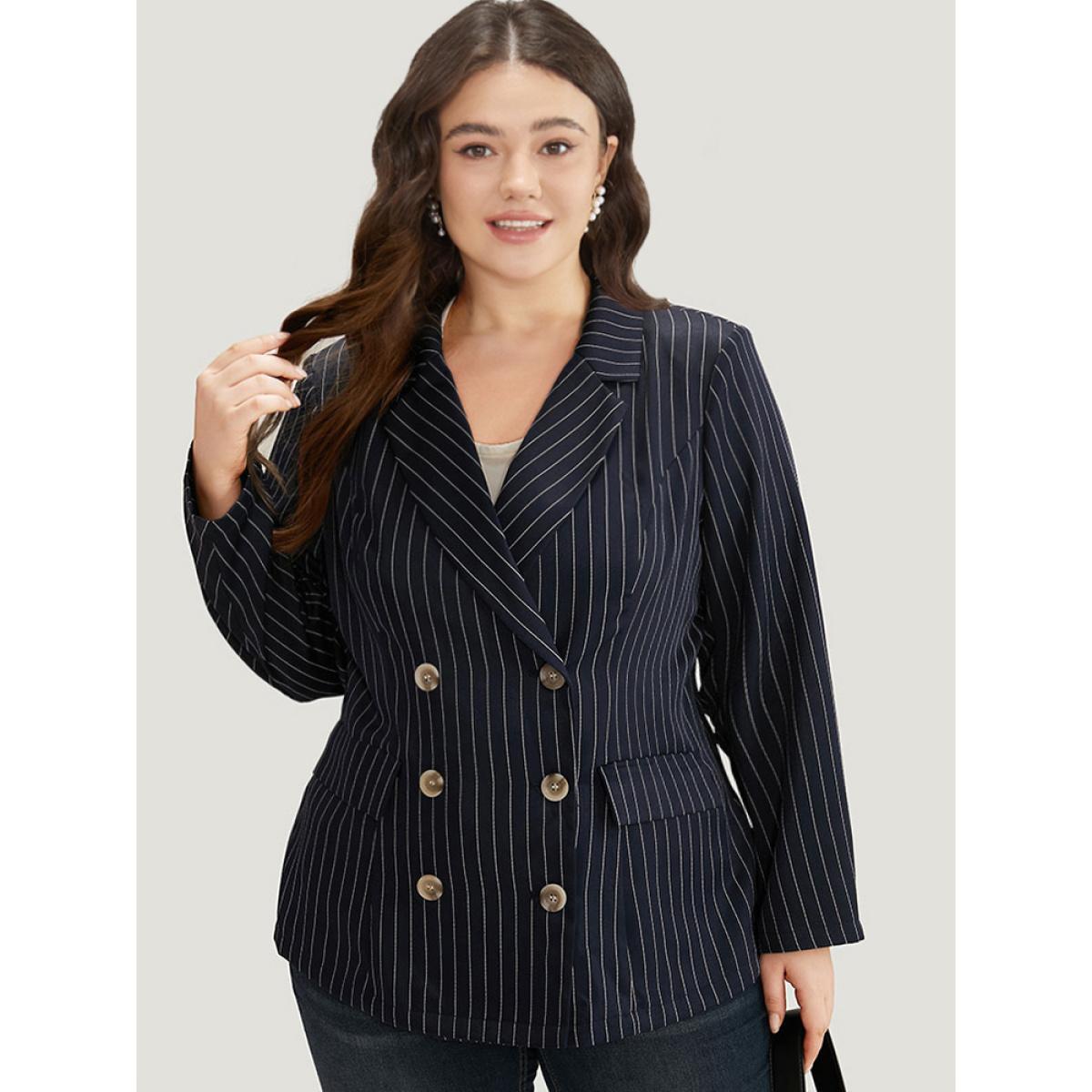 Plus Size Suit Collar Striped Double Breasted Blazer Blue Women Office Striped Button Sleeve Long Sleeve Suit Collar 30/6X Pocket Office Blazers BloomChic Product Image
