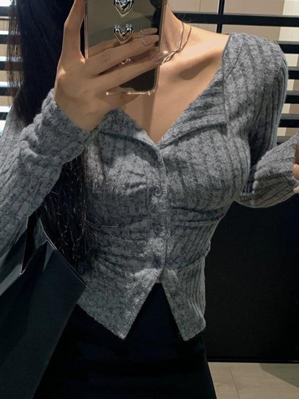 Lapel Neck Ruched Slim Long Sleeve Knit Product Image