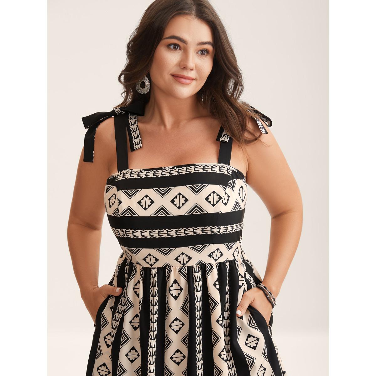 Plus Size Boho Stripes Bow Pockets Midi Dress BlackFlower Women Non Sleeveless Curvy BloomChic 10/M Product Image