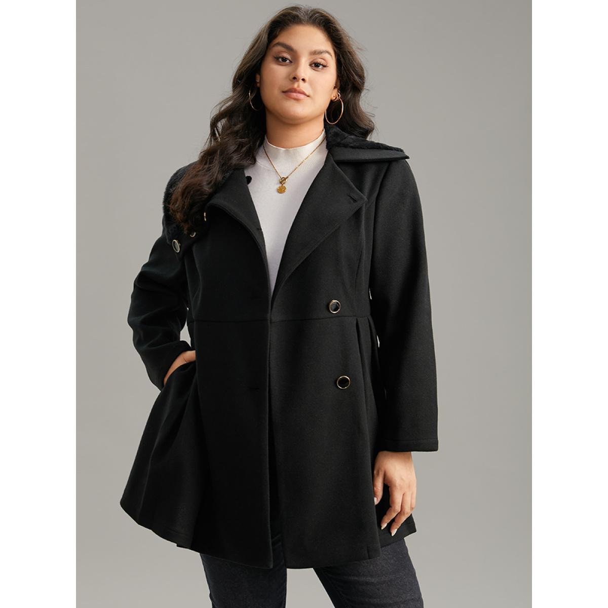 Plus Size Fuzzy Patchwork Knot Belted Button Up Pocket Coat Women Black Casual Plain Ladies Dailywear Winter Coats BloomChic 14-16/1X Product Image