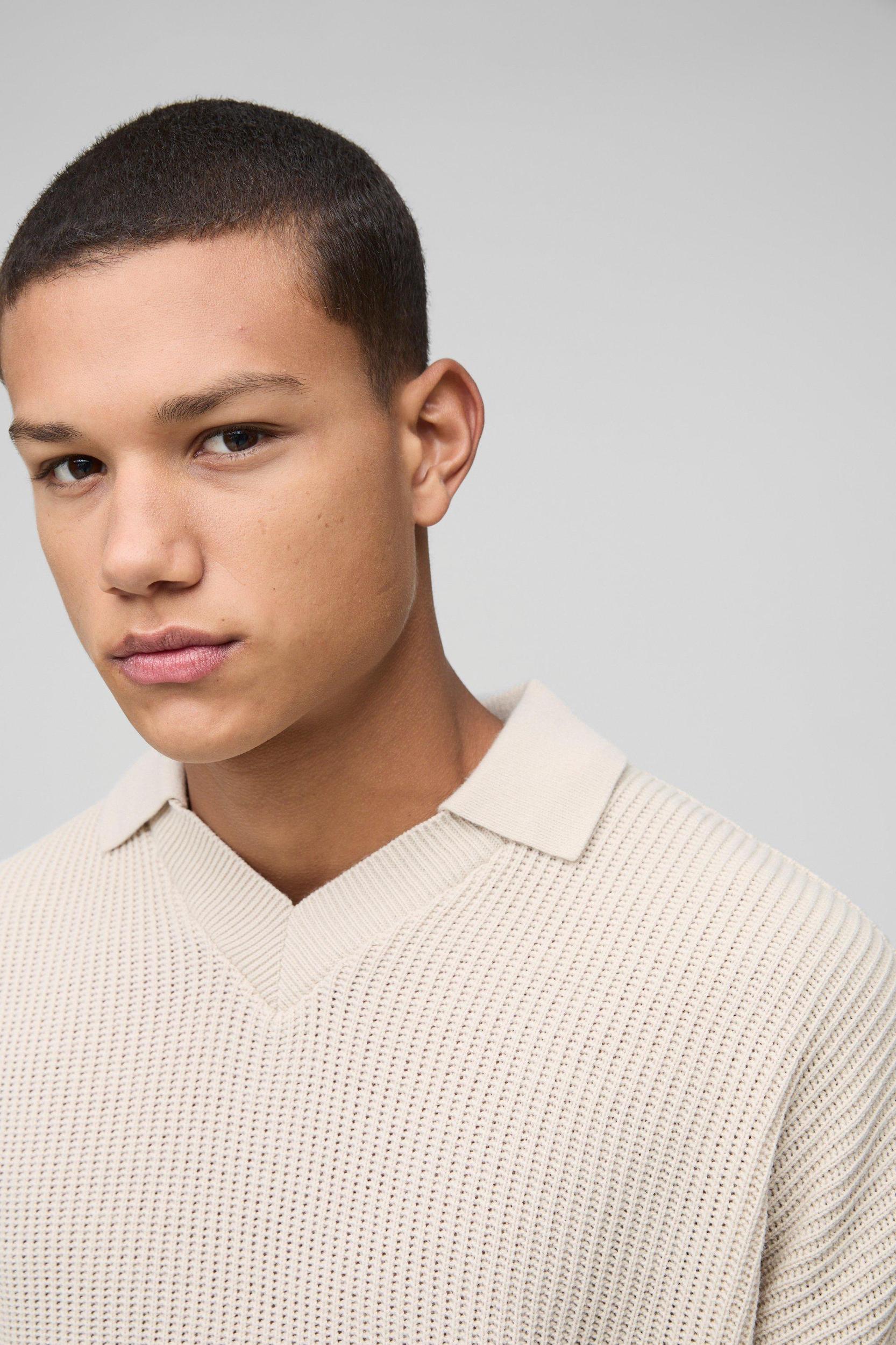 Oversized Boxy Double Collar Detail Knitted Sweater | boohooMAN USA Product Image