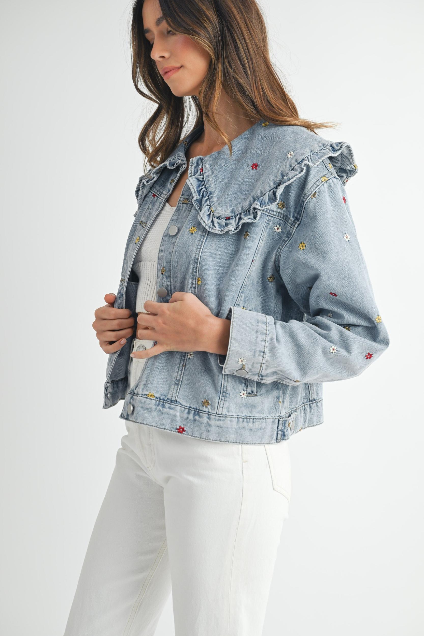 Peter Pan Collar Embroidered Denim Jacket Product Image