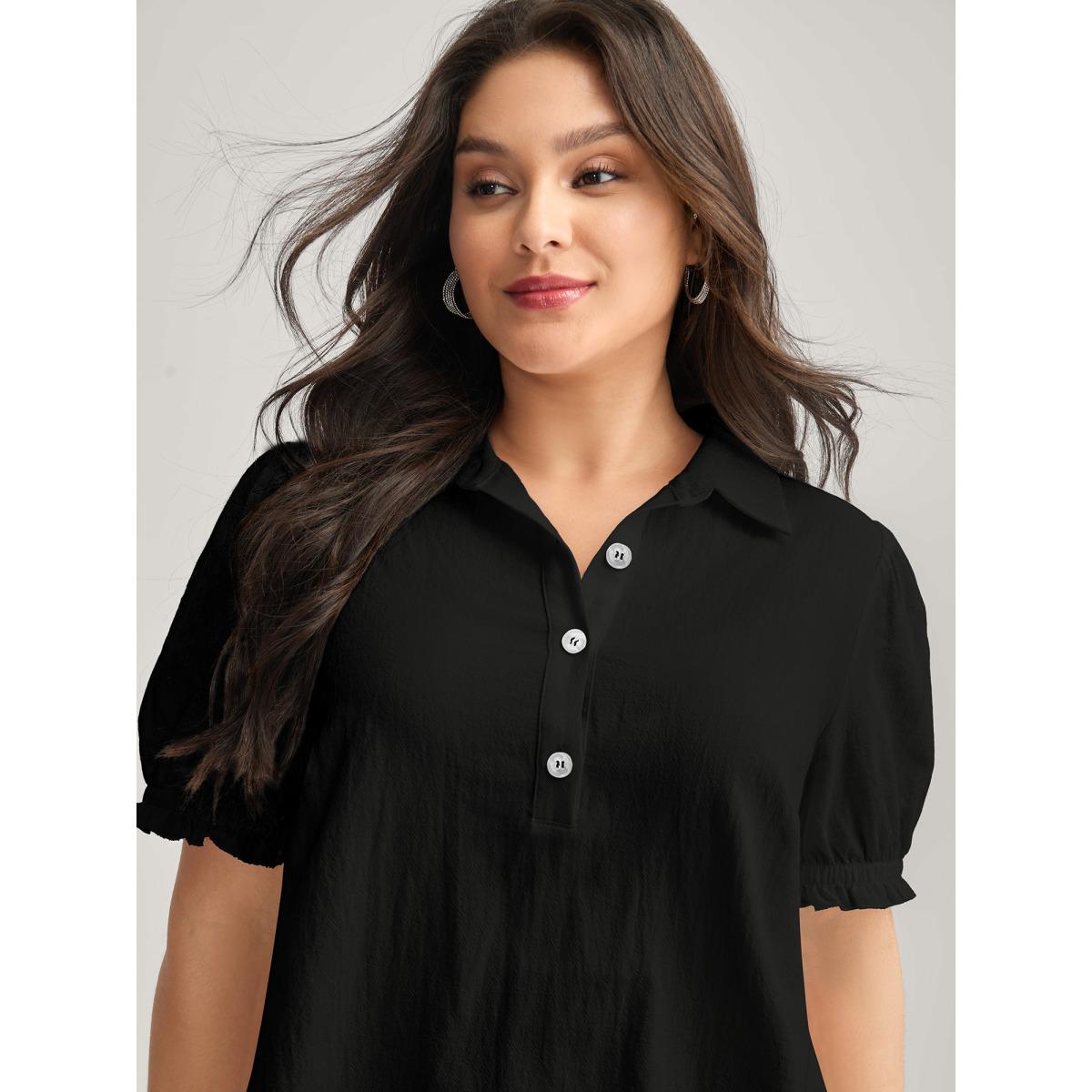 Plus Size Black Pure Cotton Ruffled Puffy Sleeve Blouse Women Office Short sleeve Shirt collar Office Blouses BloomChic 18-20/2X Product Image