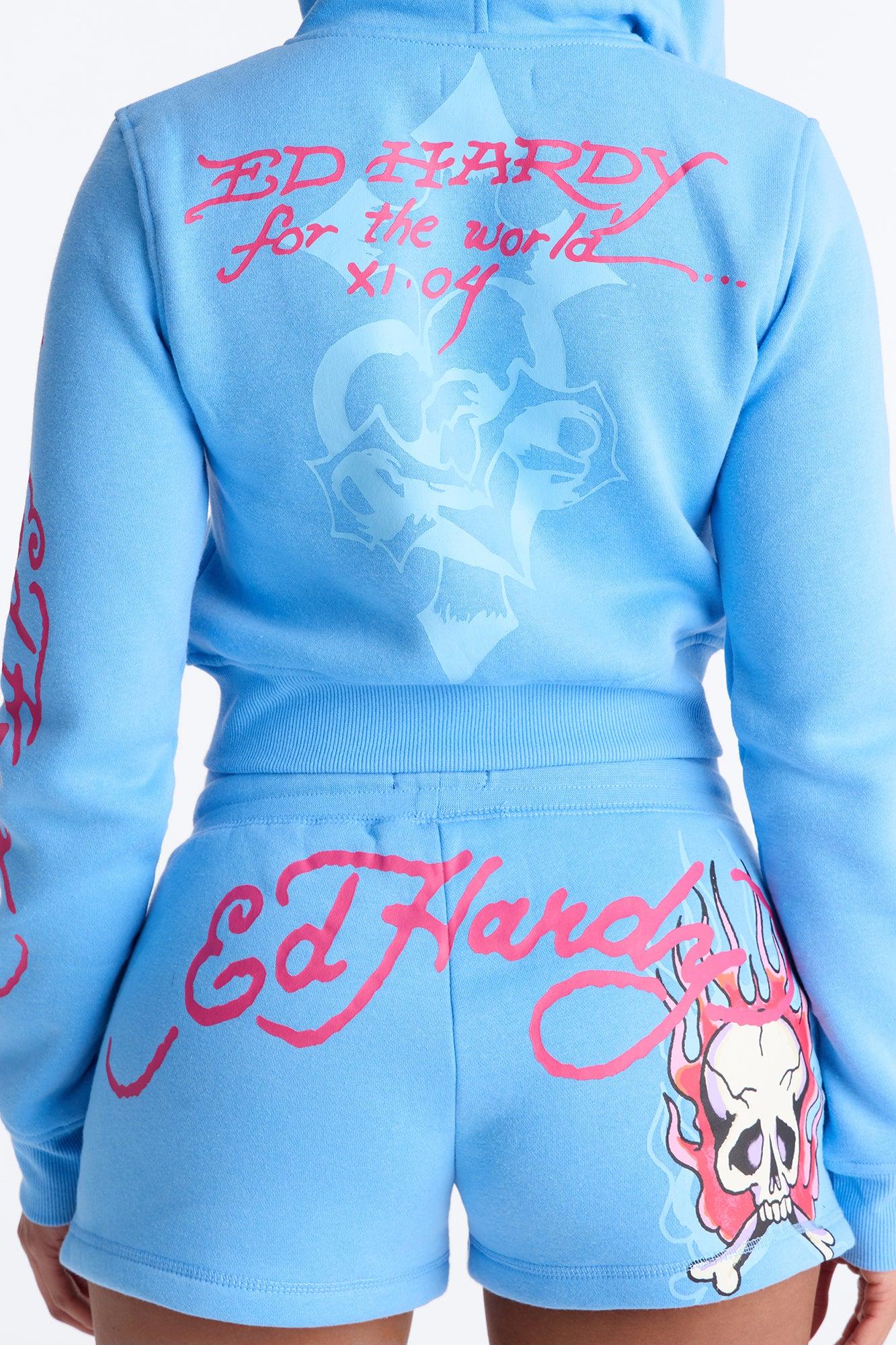 Ed Hardy Pink Flame Skull Fleece Short Set - Blue Female Product Image