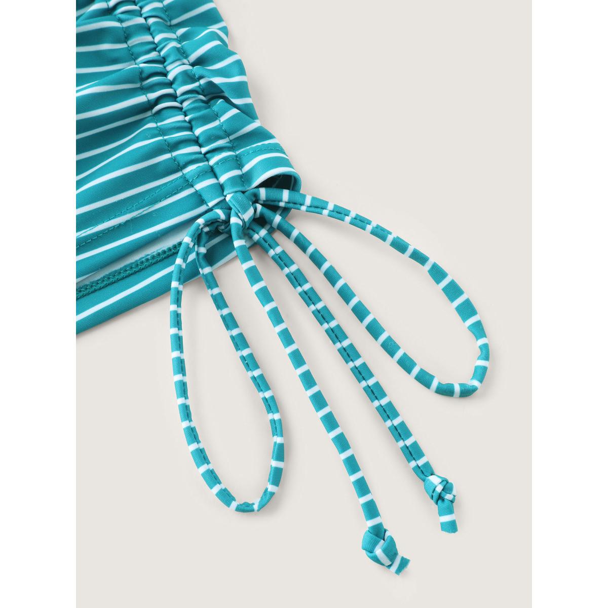 Plus Size Striped Non-Removable Cups Swim Top Women's Swimwear Teal Resort Drawstring High stretch Bodycon U-neck Curve Swim Tops BloomChic 18-20/2X Product Image