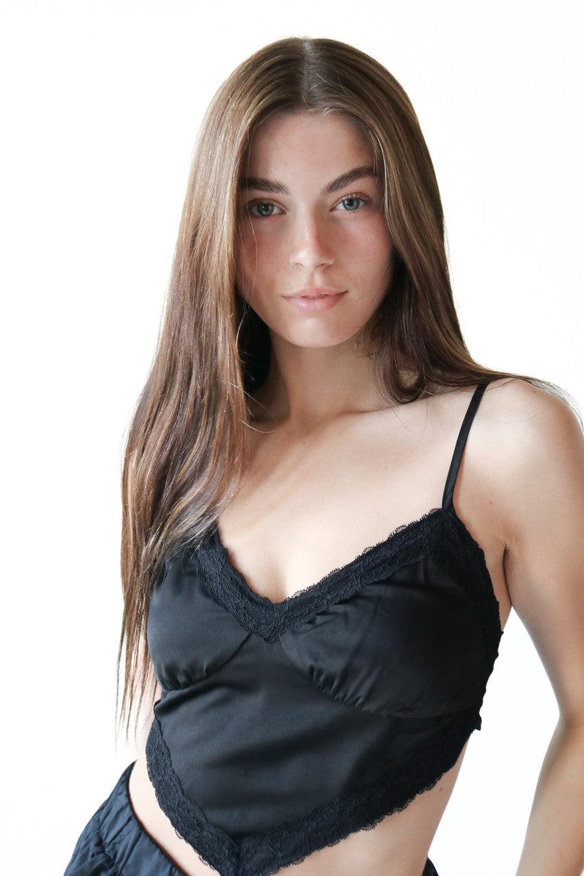 Black Silky Lace Tie Back Crop Top Product Image