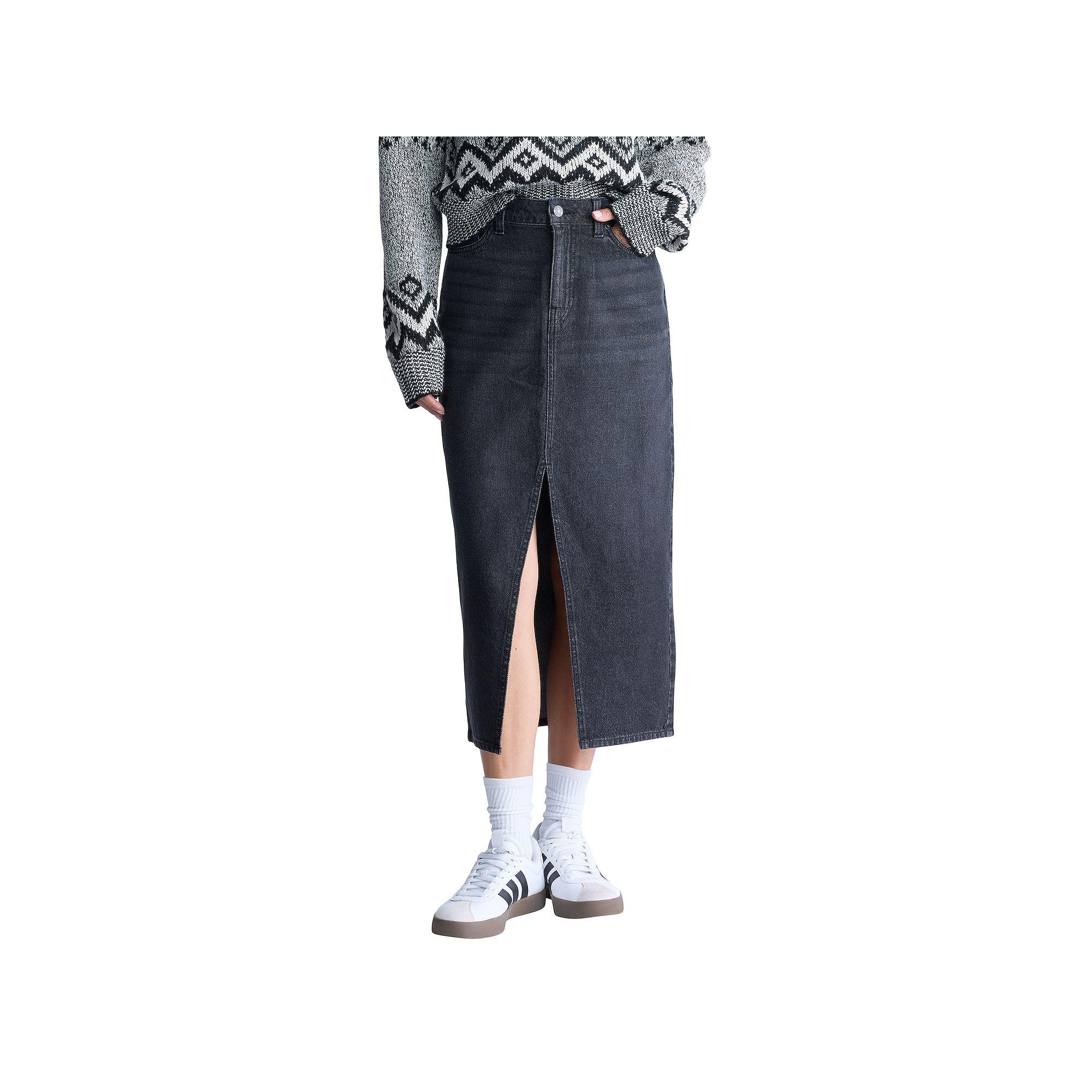 Women's Buffalo Jeans Samantha Worn Denim Midi Skirt, Size: 27, Black Worn Product Image