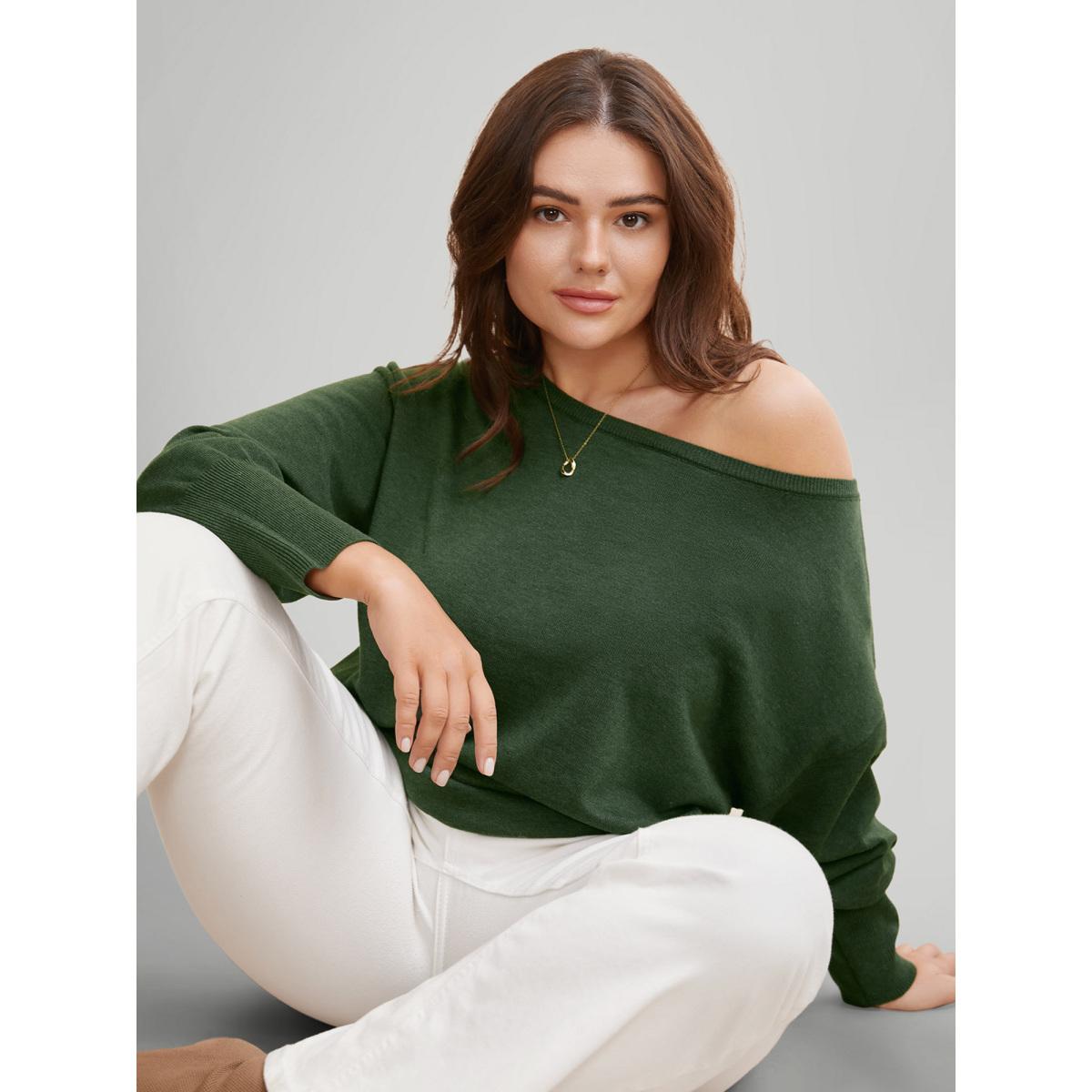 Plus Size Supersoft Essentials Boat Neck Drop Shoulder Pullover ArmyGreen Women Elegant Long Sleeve Boat Neck Everyday Pullovers BloomChic 28/5X Product Image